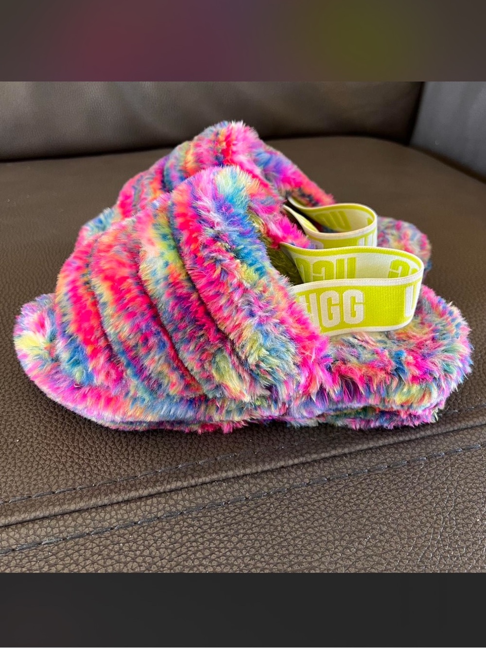 UGG Rainbow Faux-Fur Slide Sandals with Branded Elastic Strap